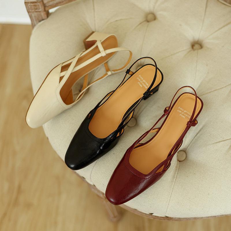 New Women's High-heeled Sandals Thick-heeled Buckle Bag Head Sandals Women's Casual Leather Beef Tendon Sole Square Head Rear Empty Sandals