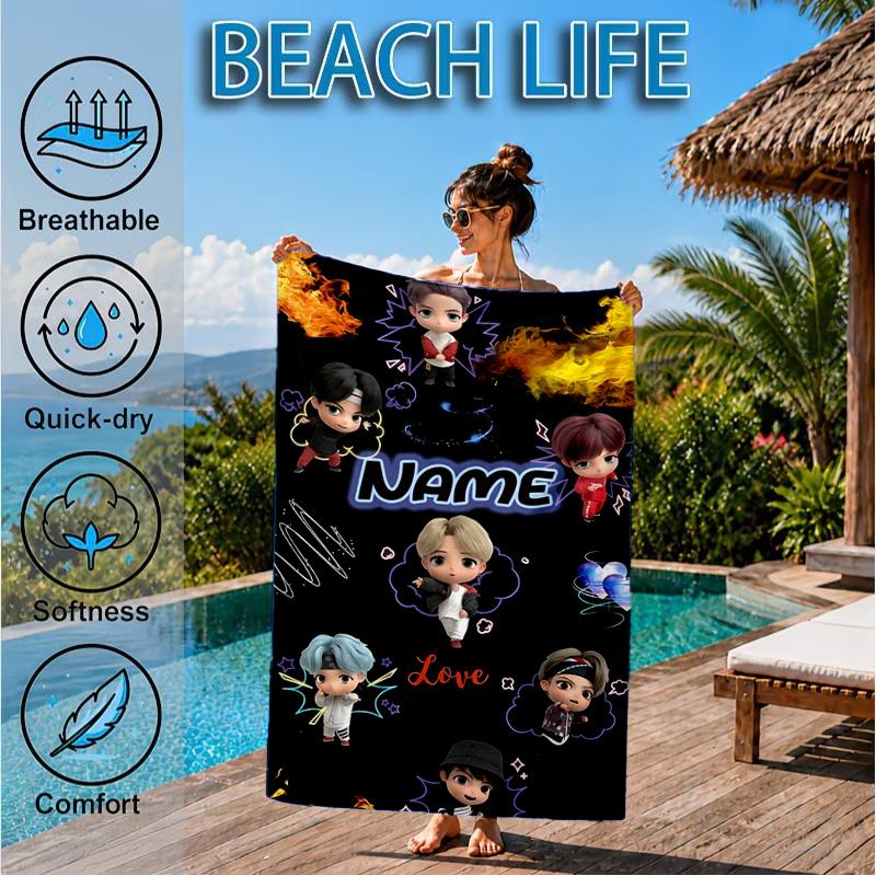 Custom Name K-pop BTS Artwork Characters Beach Towel Microfiber Beach Towel, Lightweight and Quick-Dry, for Summer Travel, Swimming Pool Gift