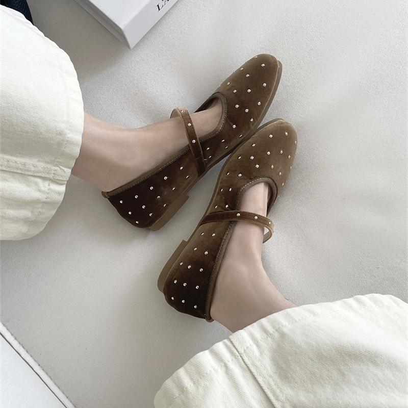 IPPEUM Women Ballet Flats Suede Round Toe Ballerinas Shoes Mujer Buckle Straps Mary Janes Shoes