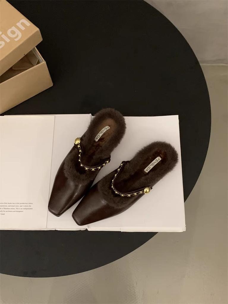 Thick heel French small fragrant wind fluffy slippers women's shoes 2025 new autumn and winter bag head half slippers velvet cotton shoes