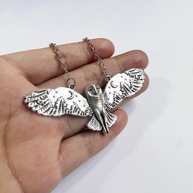 Owl Moon Forest Pendant Necklace With Alloy Chain For Fashion Enthusiasts