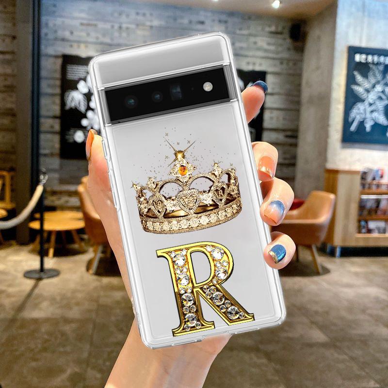 For Google Pixel 10 Pro 10A Phone Case Pixel 9 Pro XL Pixel 8 Pro 9A 8A 7A 7 6A 6 Pro Soft TPU Cover Diamond Crown Letter 26