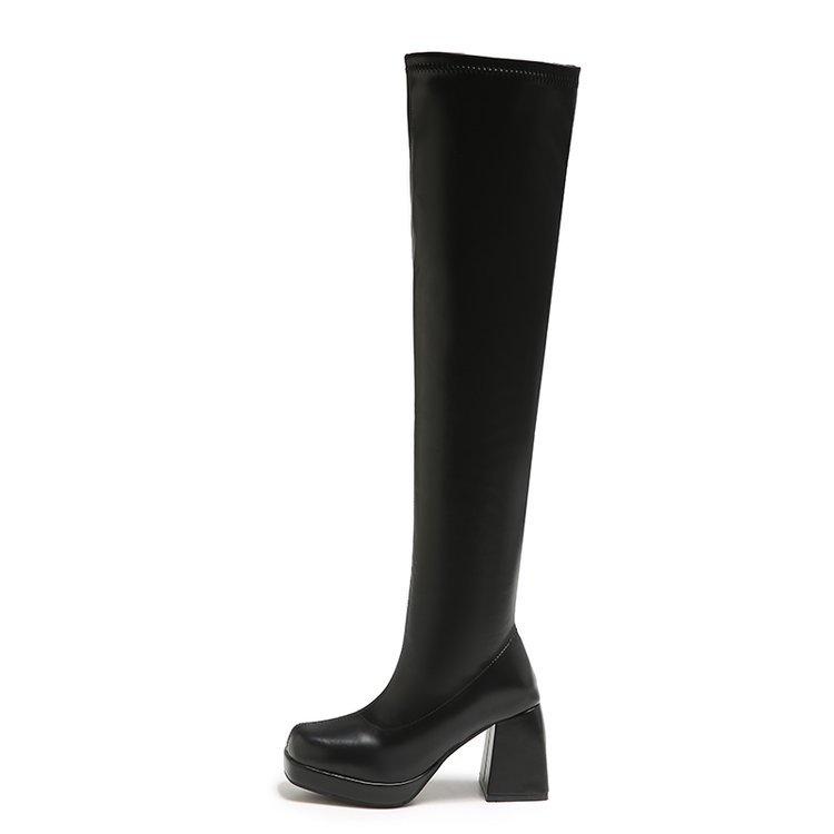 Fashion Comemore Black Over The Knee High Boots for Women Square Toe Thick High Heels Women Shoes Sexy Thigh High Platform Gothic Botas