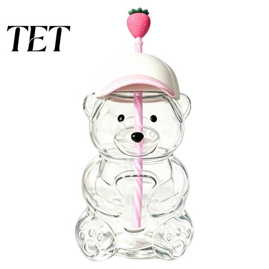 Durable Drinking Container 600ML Bear Glass Tumbler with Lid & Straw, 20oz Borosilicate Water Bottle Straw Cup for Iced Coffee, Boba Tea, Milk,