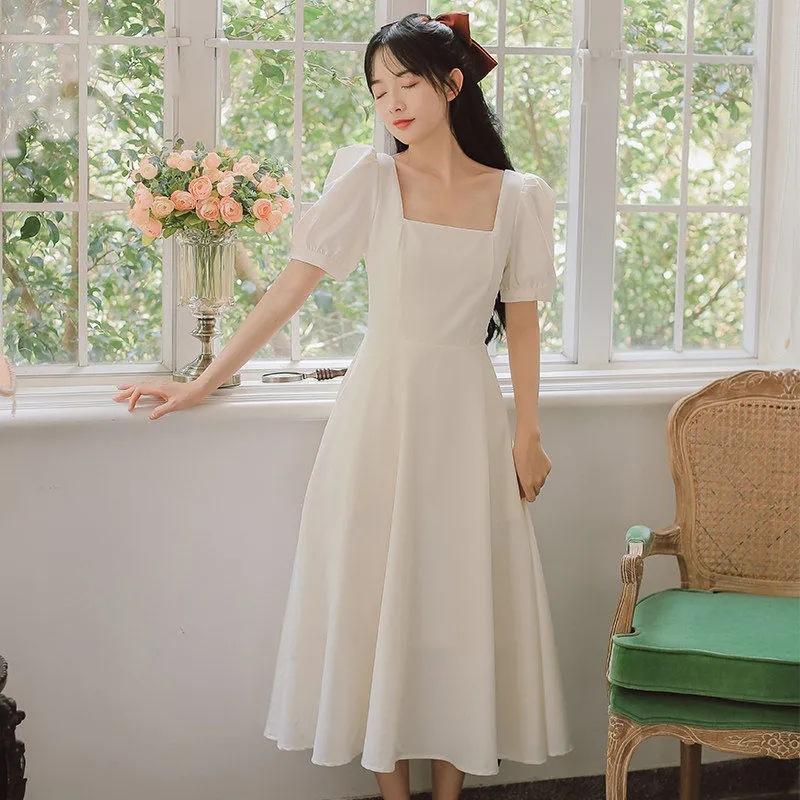 Hepburn style square neck dress women's summer new French temperament bubble sleeves white skirt Mori look thin