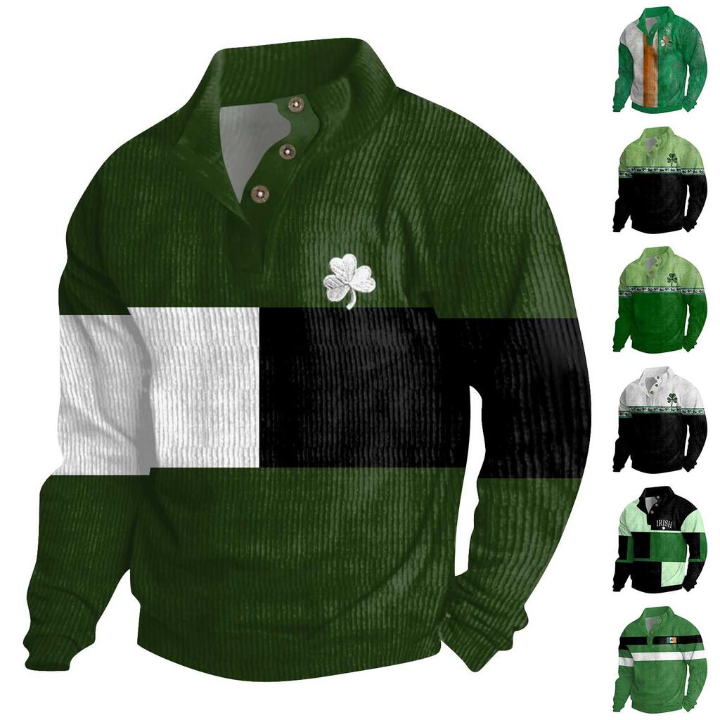 St. Patrick Men's Cotton Pullover Long Sleeve Outdoor Shirt Vintage Corduroy Button Stand Collar Shirt Casual Sweatshirt Print Top