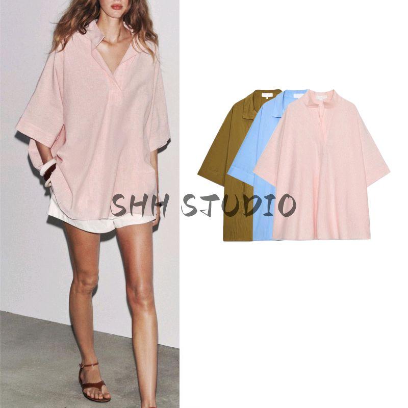 Autumn New Women's Clothing Pure Color Loose V Neck Short Sleeve Shirt 3848183 5344118 5344118