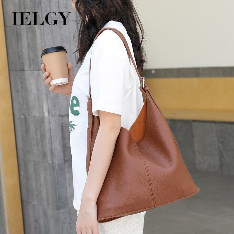 IELGY Korean version of casual retro bucket bag, fashionable lychee pattern child and mother bag, soft leather shoulder messenger women's bag