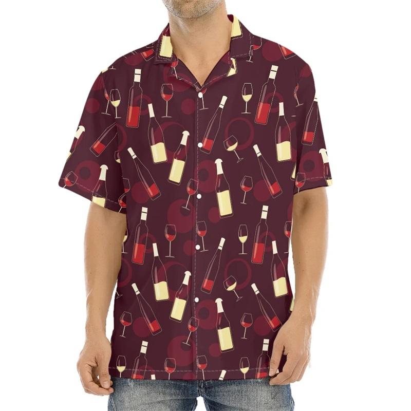 ETST51 3D Print Mousserende Wijn Grafisch Hawa&iuml;aans Shirt Voor Mannen Zomer Korte Mouw Champagne Knopen Beach Shirt Mannen Blouse Tops XL