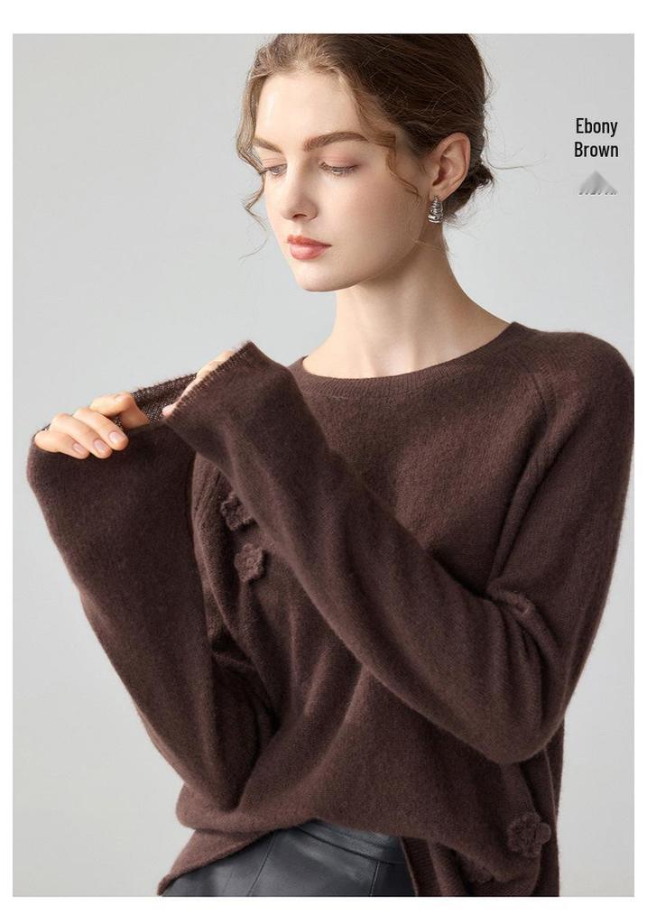 Luxurious Women's 75% Cashmere 25% Mulberry Silk Floral Inlay Round Neck Sweater