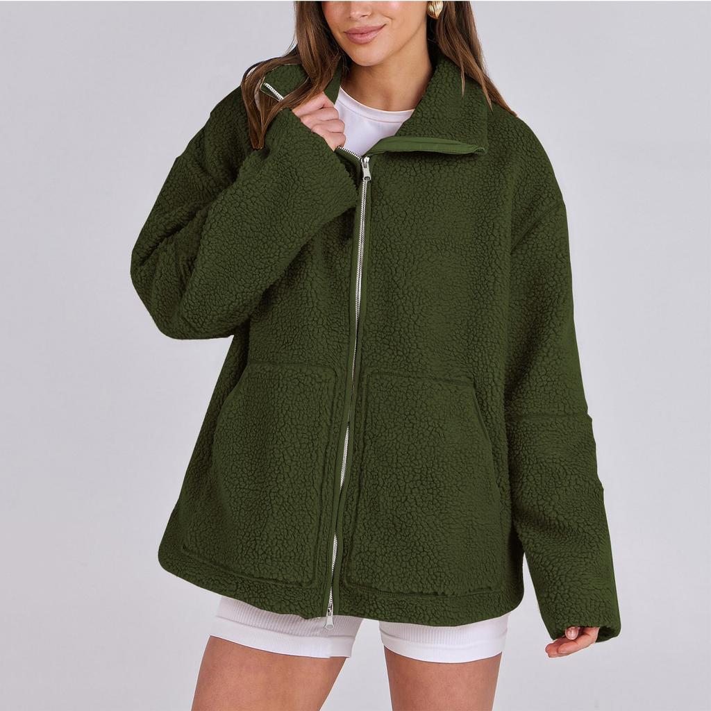 Jaqueta com capuz casual feminina de cor sólida, solta, com abotoamento simples e bolsos