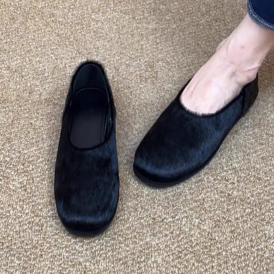 Fashion French Retro Square Toe Mules Horse Hair Shoes Minimalist Slip On Flats Spring Autumn Women's Comfortable Loafers Mix Orders