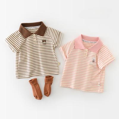 Letnie chłopięce i dziewczęce koszulki polo z krótkim rękawem, niemowlęce T-shirty w paski z kreskówkowym szczeniakiem, ubranka dla niemowląt