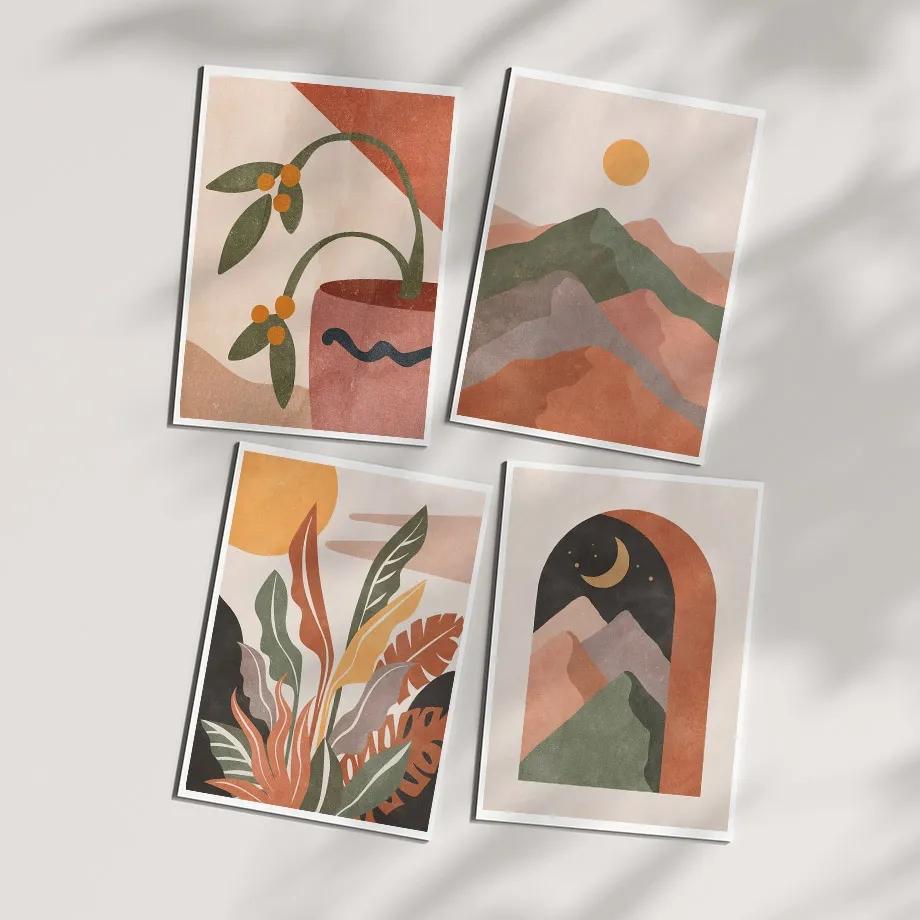 Boho Abstrakt Landschaft Geometrie Berg Regenbogen Sonne Blatt Poster Drucke Wandkunst Leinwand Malerei Wohnzimmer Heimdekor