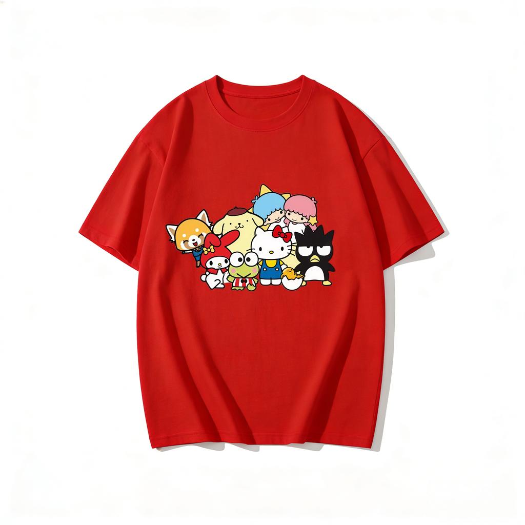 2026 New Sanrio Characters Group Cartoon Print Tshirt Family Matching Outfits Casual Short Sleeve Tee for Women Unisex Kids Tops