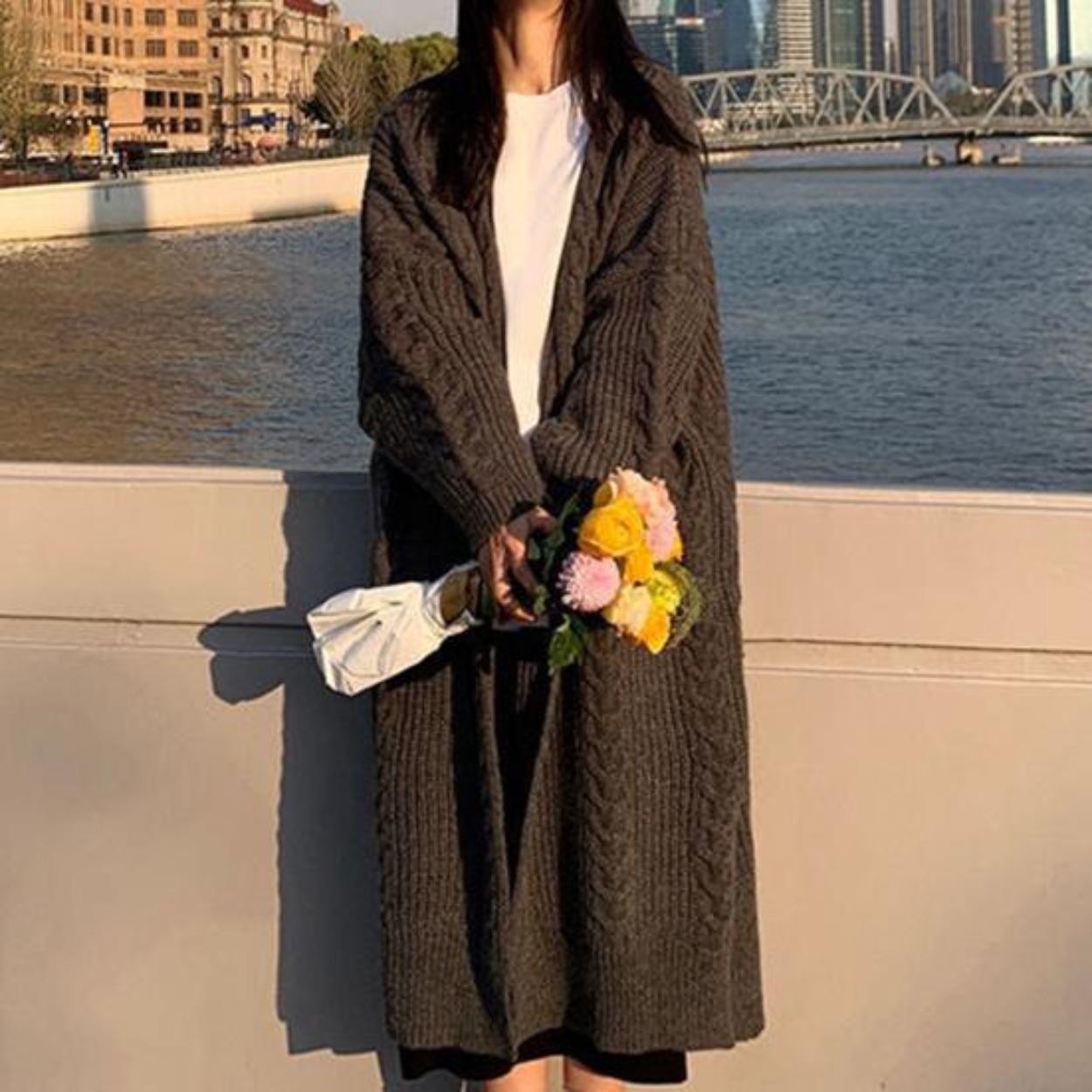 

Женский осенне-зимний длинный свитер, кардиган с текстурой и длинными рукавами, однотонное вязаное пальто с открытой передней частью, утолщенная верхняя одежда one size чёрный