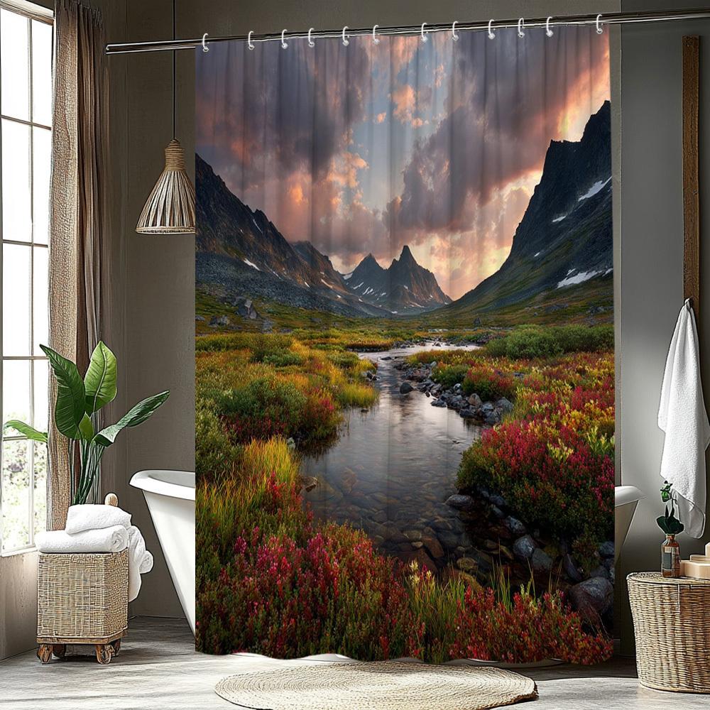 1Pc Scenic Shower Curtain Mountain And River Views Outdoor Natural Landscape Fresh Colors Suitable For Bathroom Decoration