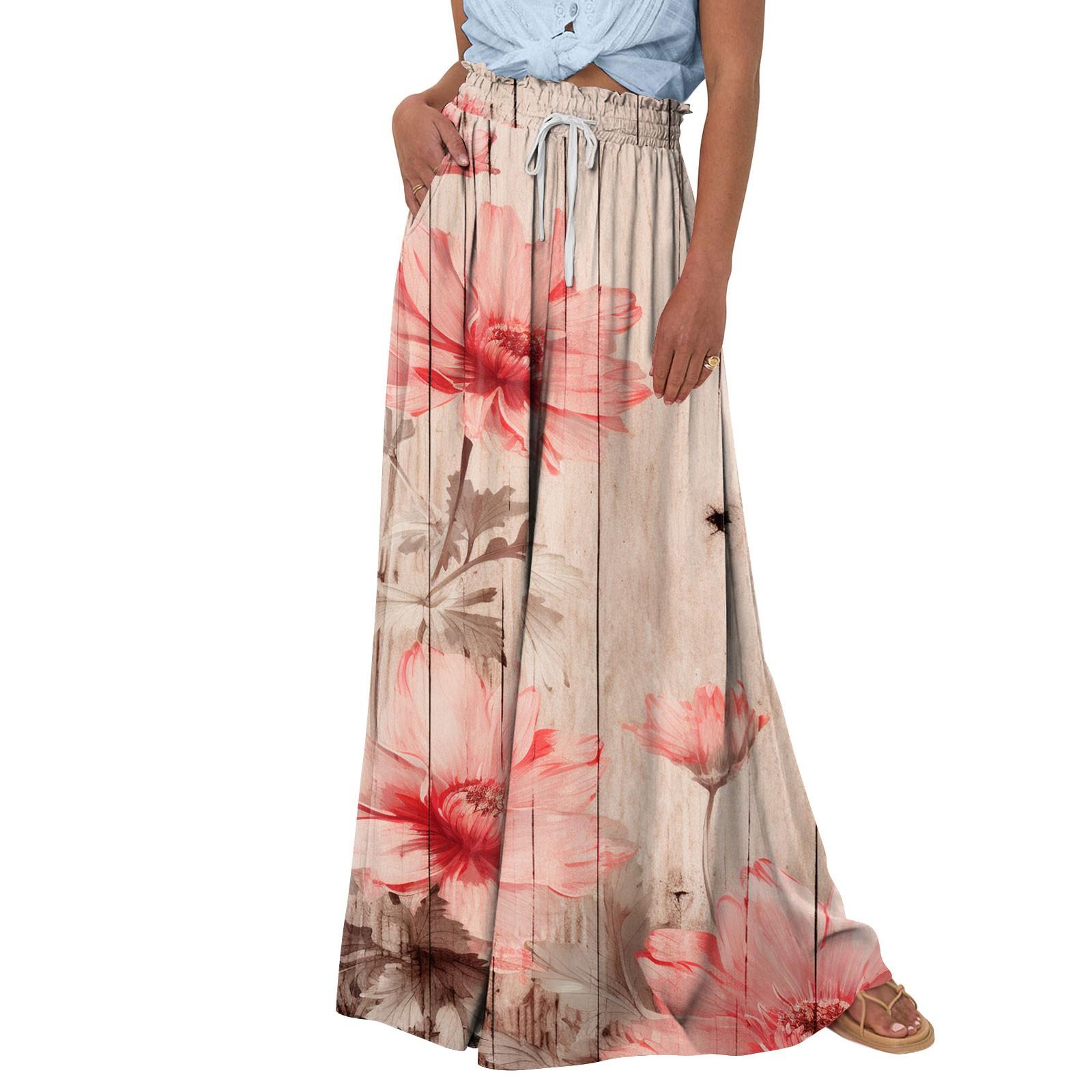 

Женские широкие брюки с высокой талией, летние повседневные струящиеся брюки-палаццо, пляжные брюки с цветочным принтом и карманом XXXL розовый