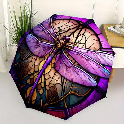 Stained Glass Dragonfly Wall Art Decor Umbrella   Cute Umbrella with Cute Design, Portable 3 Fold Compact Umbrella for Men & Women,S371