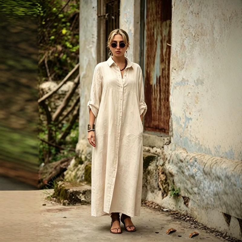 BITCED Fashion Summer Spring Solid Color Print Long Sleeve POLO Neck  Casual Dresses