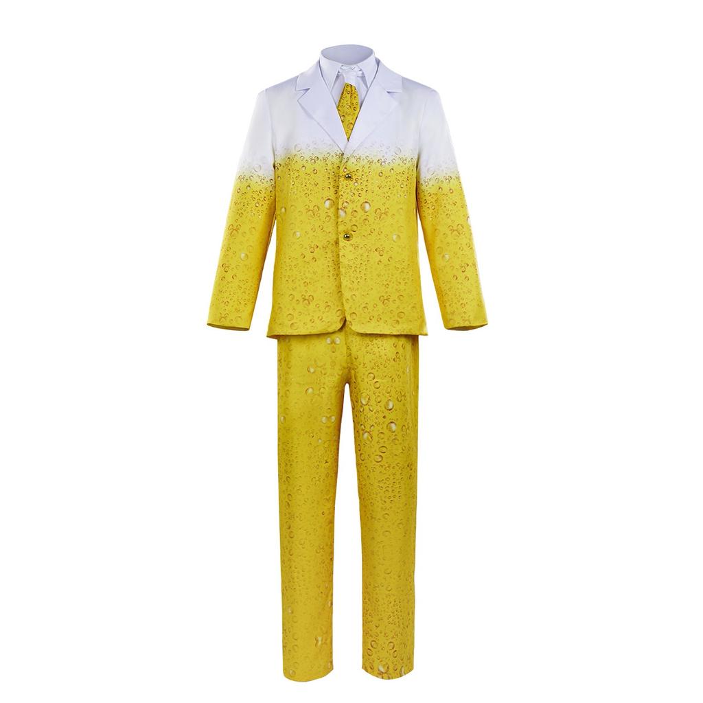 Men's Novelty Beer Print Suit Set 3 Piece Fun Costume with Jacket, Pants, and Tie for Parties