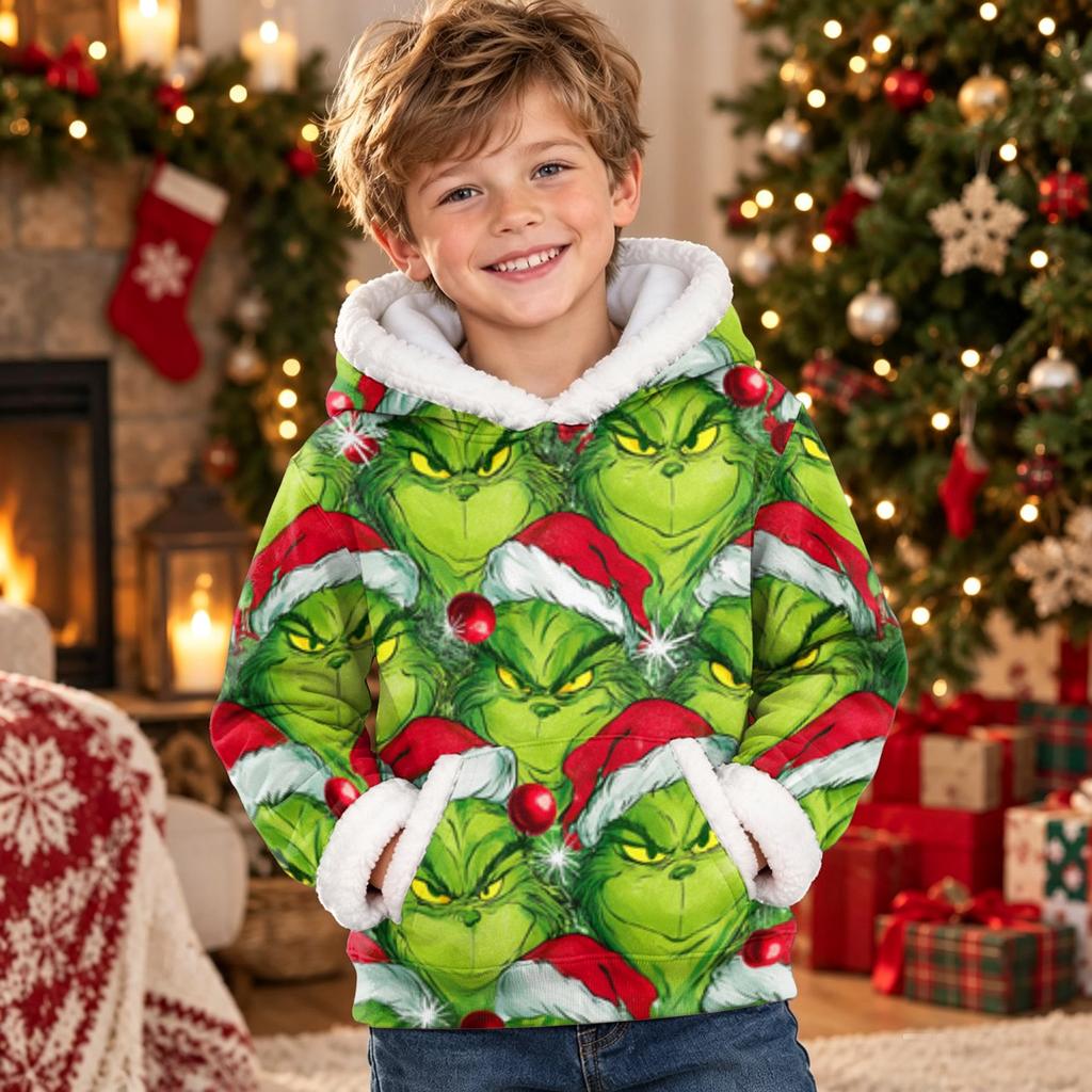 Kids Long Sleeve Christmas Print Hoodie Casual Pullover Top for Holiday Wear