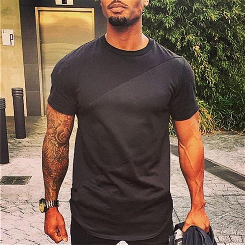 Muscleguys Mens Soild Long T-Shirt Muscle Brand Fitness Bodybuilding Workout Clothes Man Cotton Blank Man T Shirt Men Tops