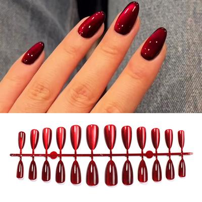 Uñas postizas cortas con diseño de ojo de gato rojo navideño, almendra, brillantes, cobertura total, para mujer