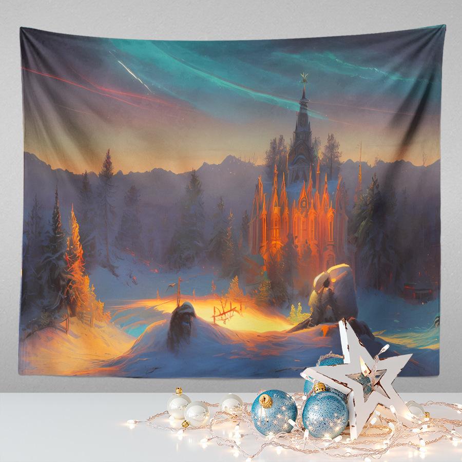 Amazon Festive Hanging Cloth Christmas Background Cloth Printed Cartoon Christmas Tree Snowman Tapestry