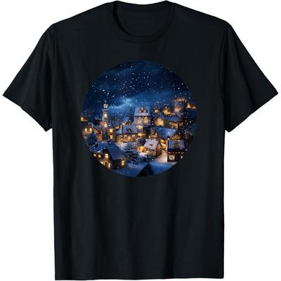 Snowy Rooftops Winter Scene Serene Night Christmas Village T-Shirt