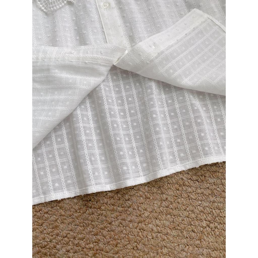 2025 Fall/Winter Women's White Check Doll Collar Lace Bell Sleeve Shirt