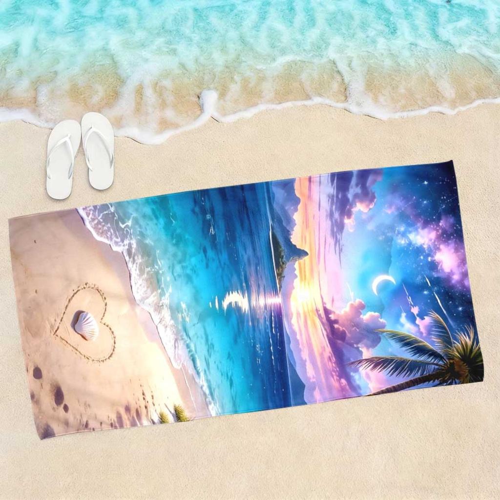 Romantic Beach Heart Microfiber Beach Towel 2D Flat Printed Waterproof Sandproof Travel Bath Towel For Seaside Holiday