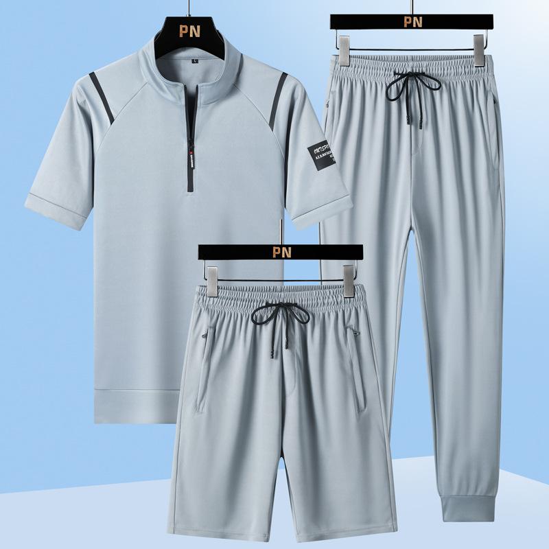 Large Size Summer Short Sleeved Casual Sports Suit Ice Silk Quick Drying T Men's Long Pants Stand Collar Loose Three Piece Set