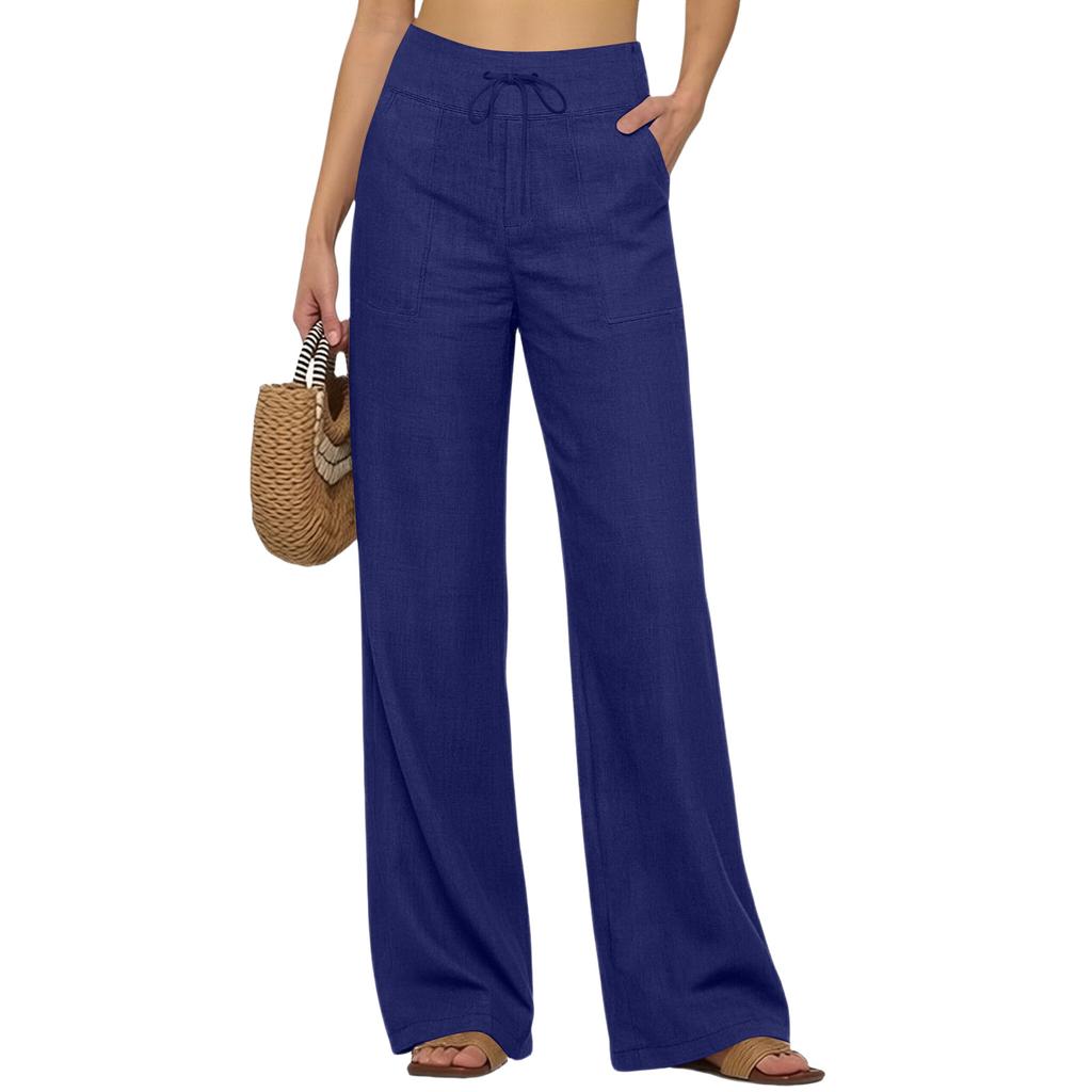 Women’s Wide Leg Linen Pants with Drawstring Waistband Loose Fit Casual Trousers with Pockets for Everyday Wear