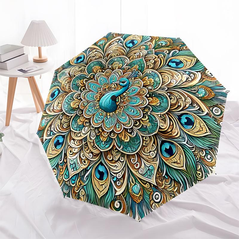 Peacock Feather Mandala Automatic Opening Folding Umbrella - 8 Bone Iron Frame, Suitable for Fans, Travel, Daily Use, Gift for Outdoor Enthu