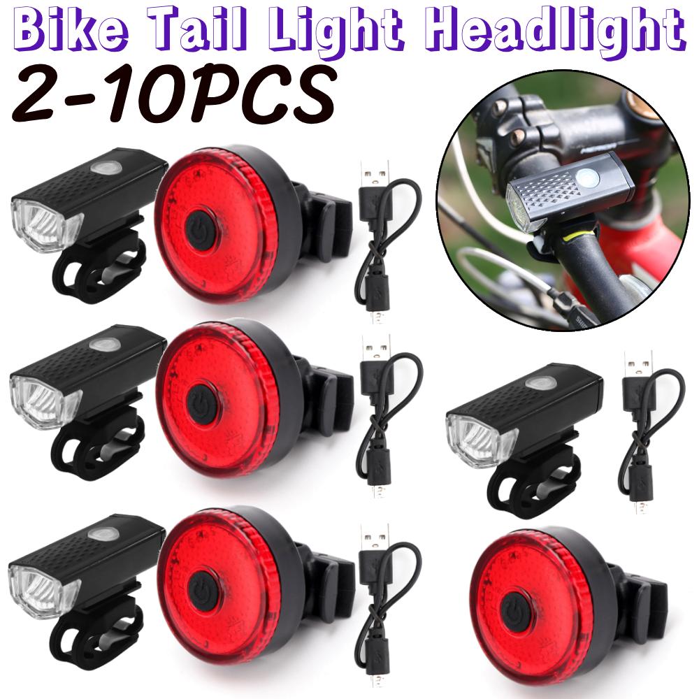 2-10 Set Bike Tail Light Headlight 3 Modes LED Riding Warning IPX4 Waterproof Rechargeable Cycling Accessories Outdoor Cycling