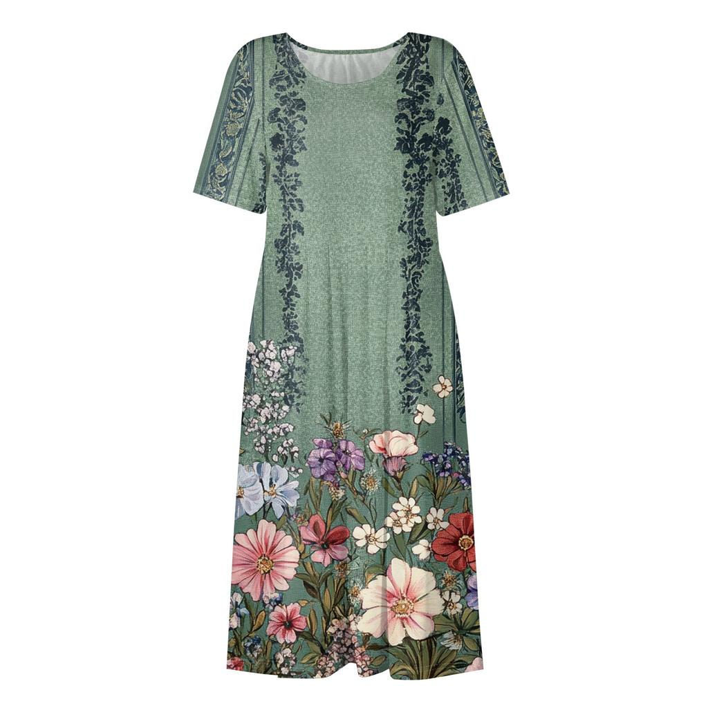 Abito Midi Casual da Donna con Stampa Carina, Girocollo, Manica Corta, Vestito Classico Base per Esterno e Uso Quotidiano, Vestibilità Larga