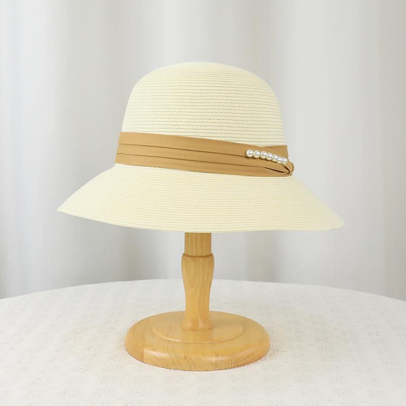 

Korean Style Pearl Straw Hat With Wide Brim Sunshade For Beach And Vacation Use White
