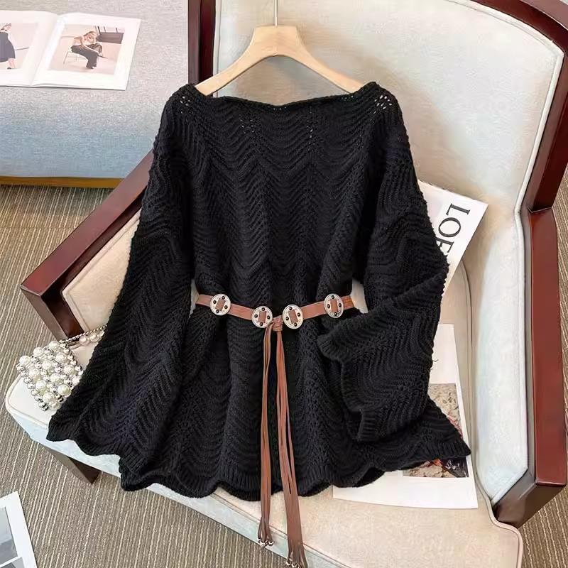 Spring and Autumn Mid To Long Loose Sweater Gentle Wind Lace One Shoulder Knitted Sweater for Women
