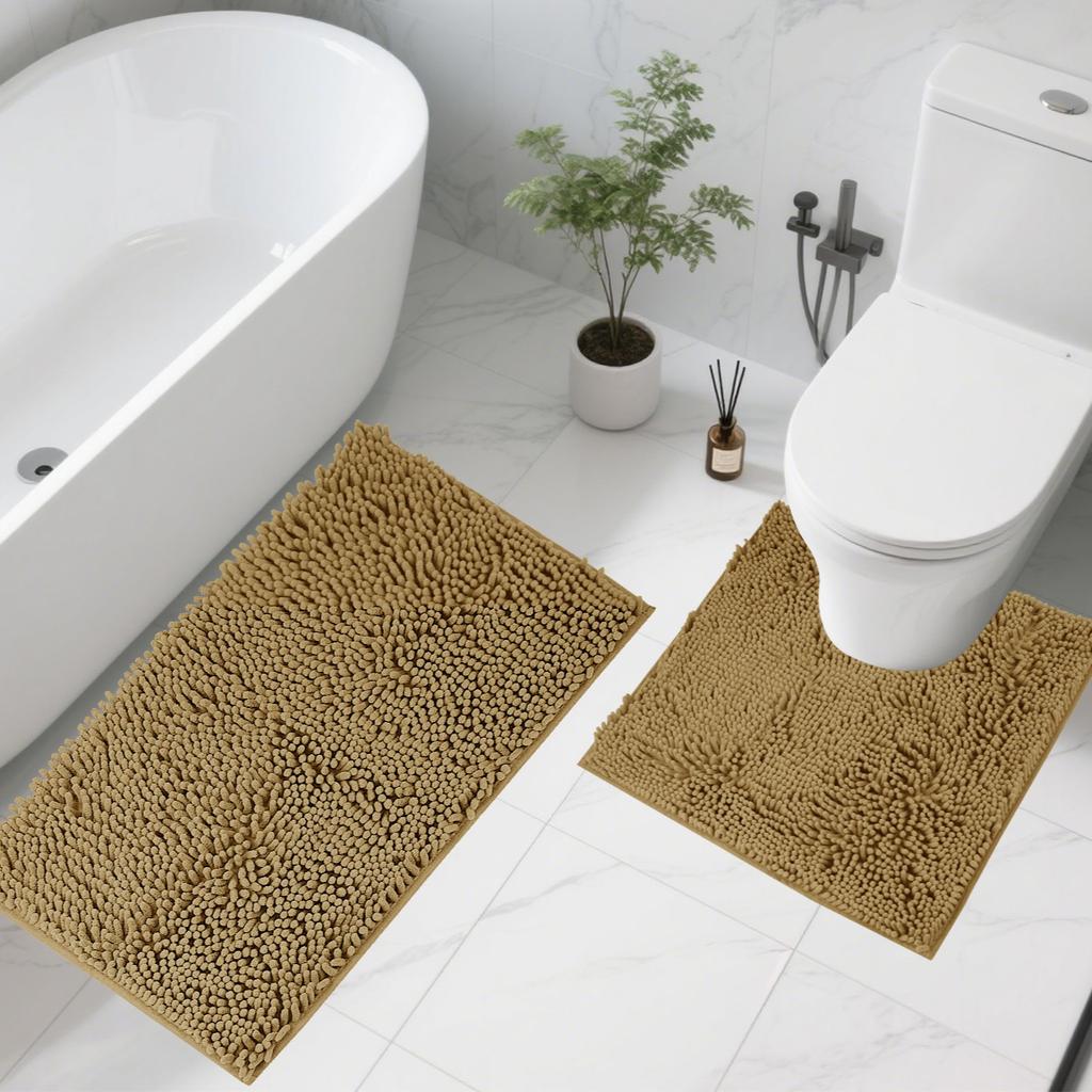 1/2Piece Loop Bath Mats for Bathroom Non Slip Chenille Bath Mat Set Rugs with Water Absorbent Pedestal Bathmat Shower Toilet Mat