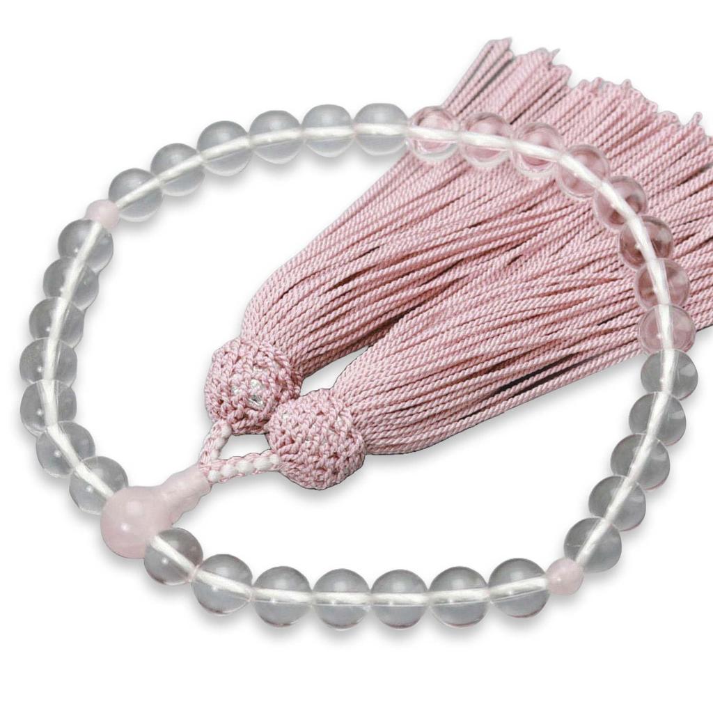 Women's Buddhist Prayer Beads, Kyoto Style, Crystal and Rose Quartz, Silk Tassel, Suitable for All Sects, Informal Funerals, Buddhist Altar
