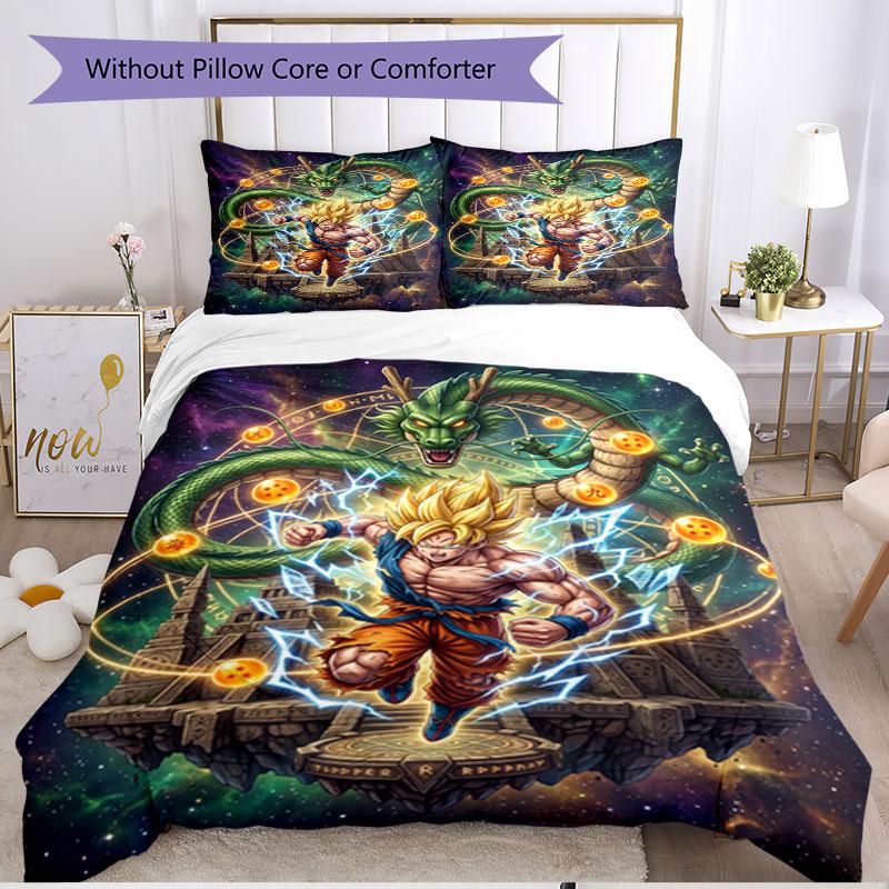 Set cuvertură de pilota 3 buc (1 * Husă de pilota + 2 * Față de pernă, Fără Miez), Set de așternut moale cu imprimeu Dragon Ball pentru toate anotimpurile, Cadou pentru decorarea dormitorului de acasă