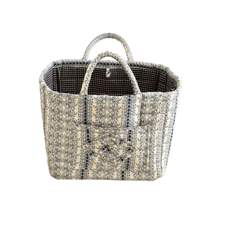 Floral Pattern Quilted Cotton Storage Basket Foldable Lightweight with Handles for Home Laundry Toy Organization
