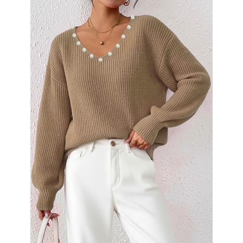 Autumn Winter Loose Casual Fashion Beading Sweater Women V-neck Solid Color All-match Pullover Knitting Top