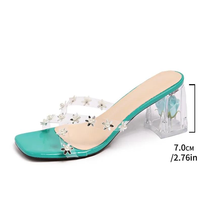 Fashion Summer 2025 Plus Size Women's Modern Slippers Hot Sale Pearl Floral Open Toe Chunky Heel Sandals Fashion Dress Party Slippers
