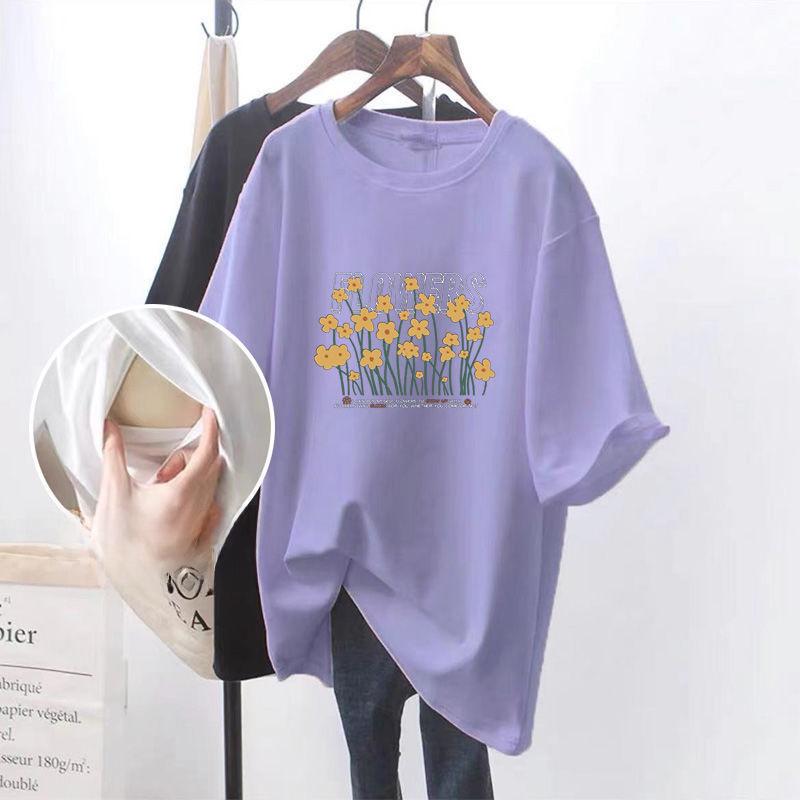 Short-Sleeve Nursing Tops: Loose, Mid-length T-shirts Ideal for Summer Breastfeeding, Providing Fashionable Hip and Belly Coverage.