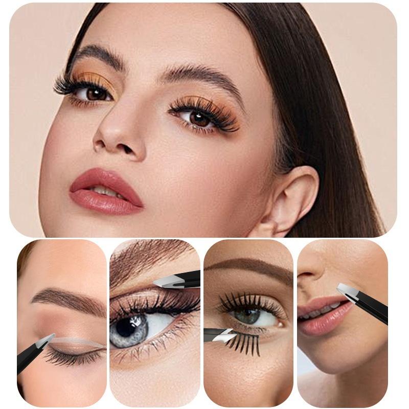 {MAX-66} 4 Pcs Colorful Stainless Steel Tweezer Set For Women And Men's Eyebrows & Eyelashes Comes With Storage Bag