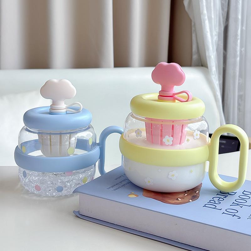 830ml Cloud Big Belly Cup Cute Cartoon Large Capacity Plastic Water Cup Portable Tea Separation Straw Flower Tea Cup with Handle