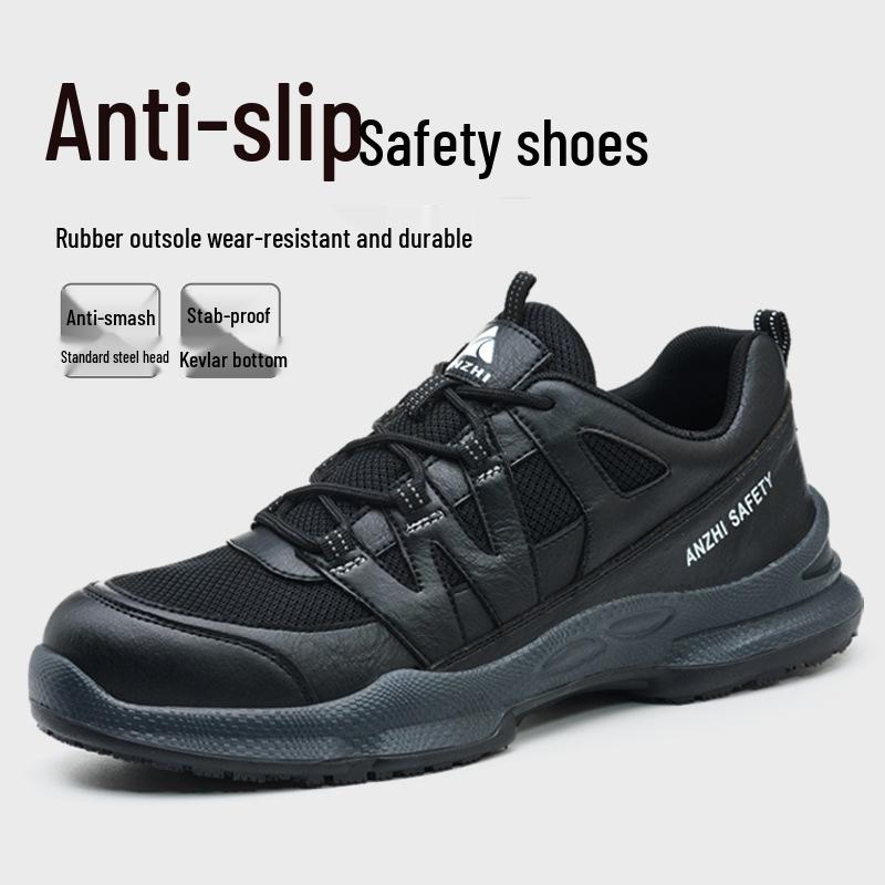 Anzhi Men's Black Low-Top Safety Shoes: Anti-Smash, Anti-Puncture, Breathable, Non-Slip, Wear-Resistant for Summer Construction.