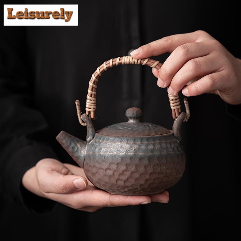 Japanese Style Gilded Iron Glaze Charcoal Stove Tea Brewing Lifting Beam Pot Open Flame Burning Rough Pottery Side Hanlde Kettle